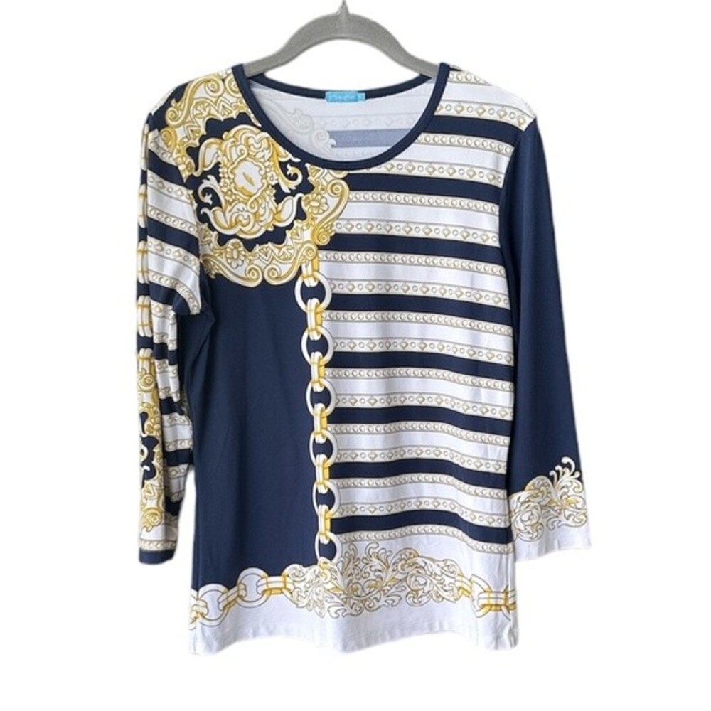 J. McLaughlin Signature Tee 3/4 Long Sleeves Navy Gold White Size M